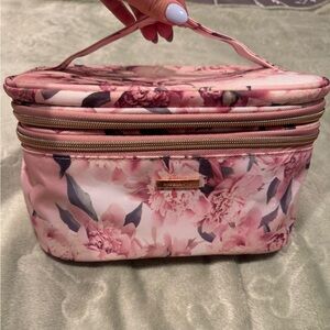 Floral Pink Double-Zip Cosmetic Train Case - Elegant Travel Makeup Organizer